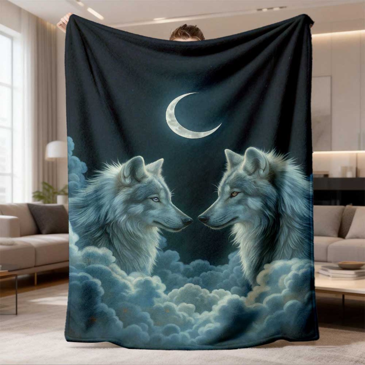 Crescent Moon Twin Wolves Flan - Home Textiles Face Towel 评论和价格