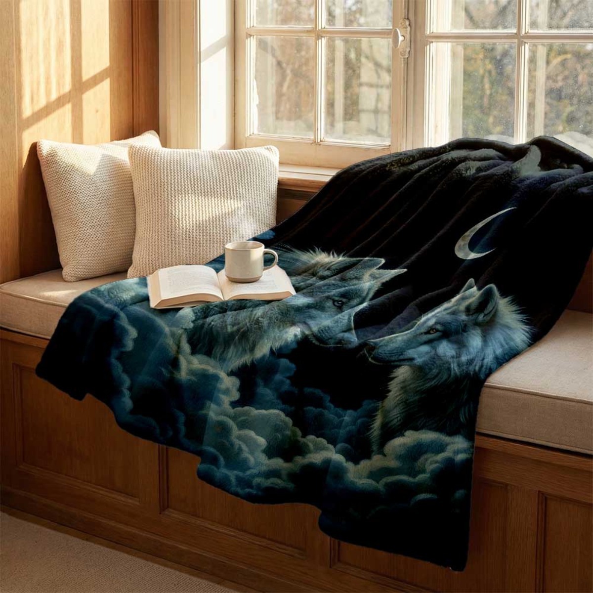 Crescent Moon Twin Wolves Flan - Home Textiles Face Towel 评论和价格