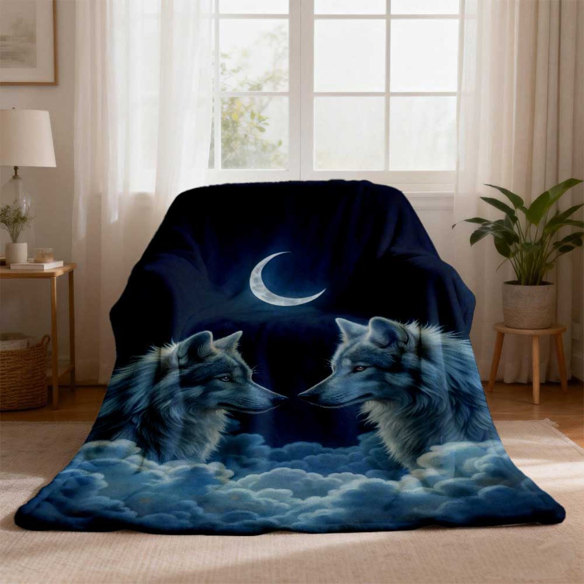 Crescent Moon Twin Wolves Flan - Home Textiles Face Towel 评论和价格